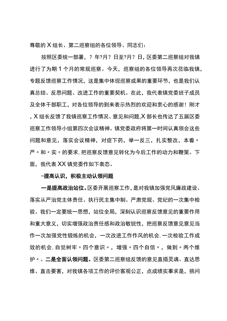 在区委第二巡察组巡察老池镇党委巡察反馈会上的表态发言.docx_第1页