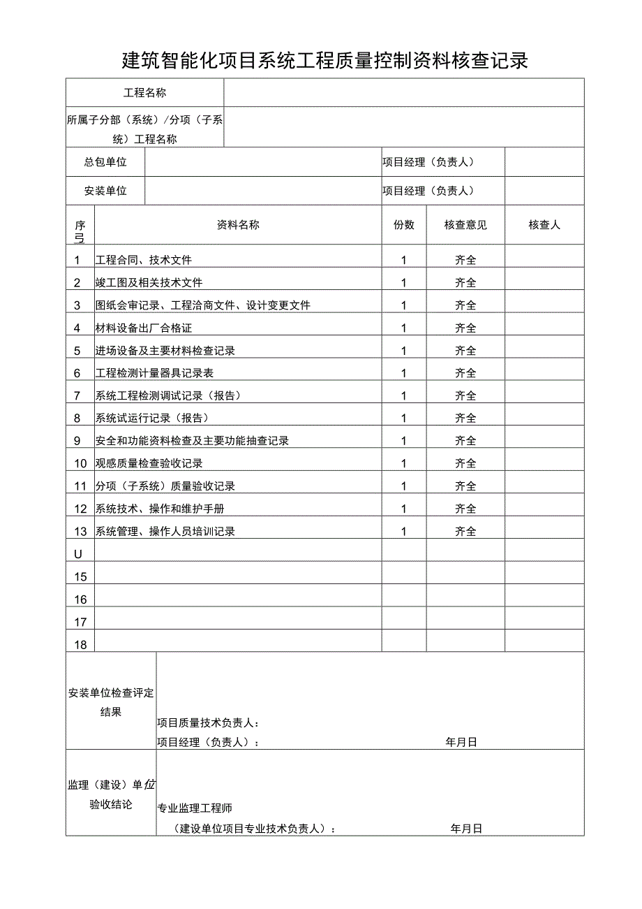 建筑智能化项目系统工程资料核查记录表.docx_第1页