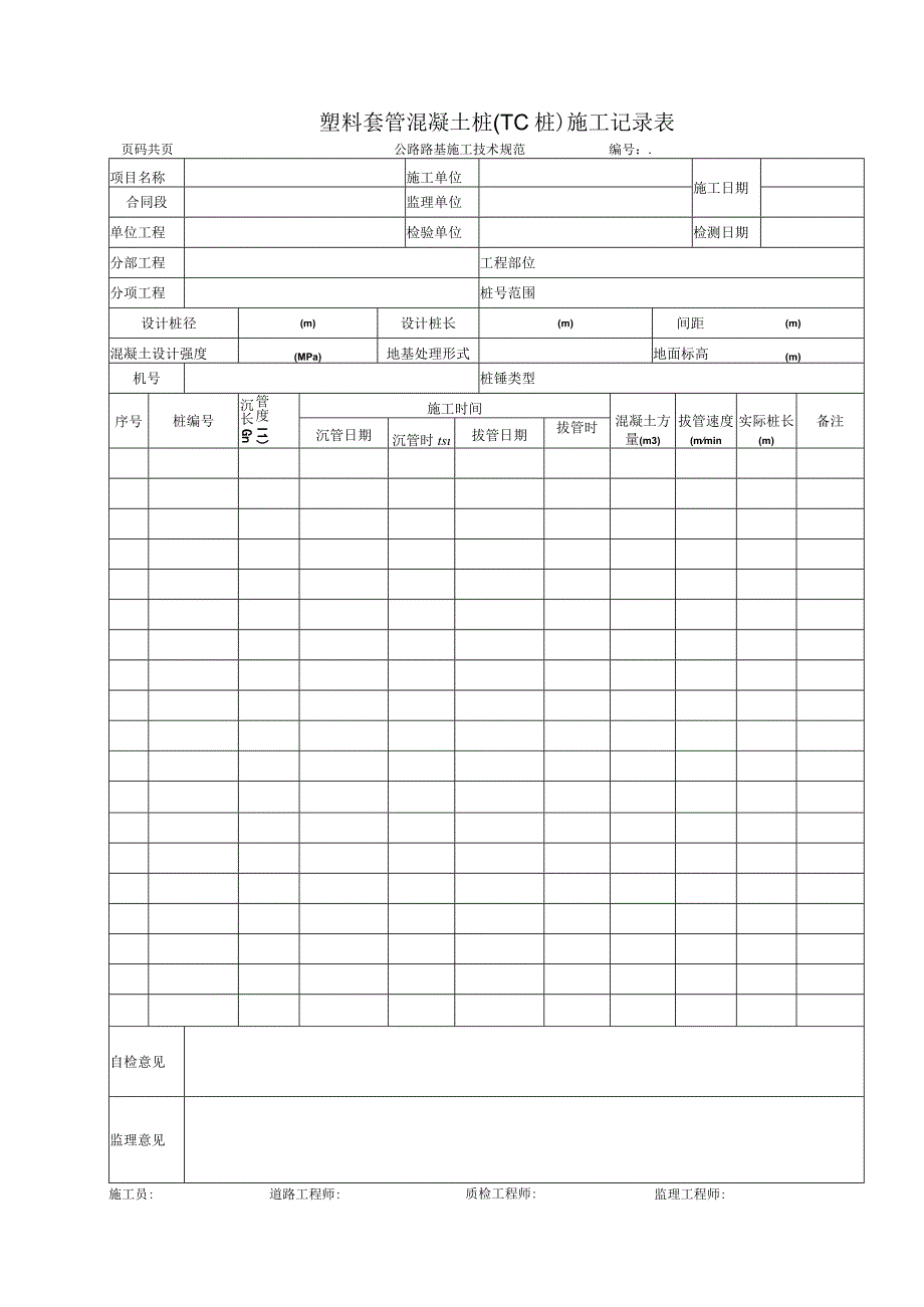 塑料套管混凝土桩TC桩施工记录表.docx_第1页