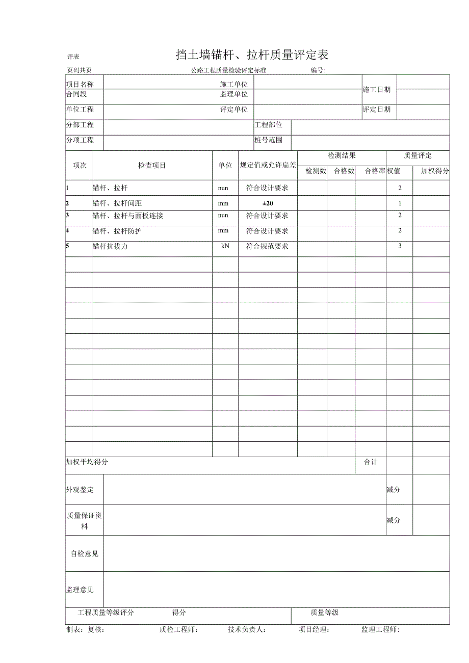 挡土墙锚杆拉杆质量评定表.docx_第1页