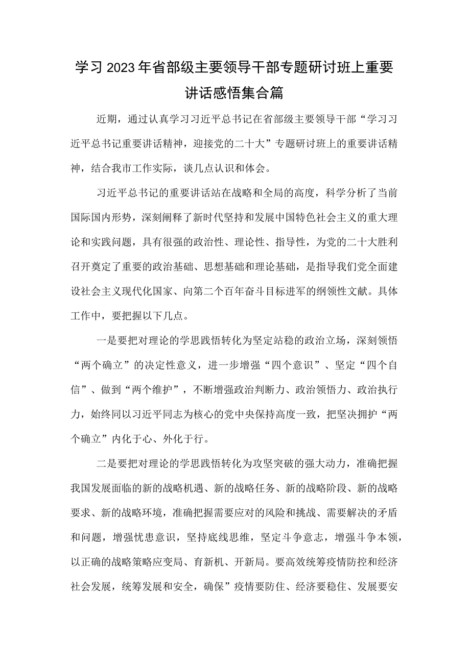 学习2023年省部级主要领导干部专题研讨班上重要讲话感悟集合篇.docx_第1页