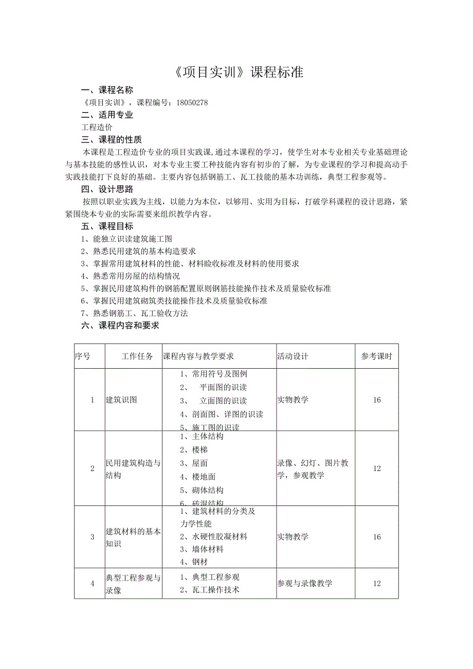 工程造价专业《项目实训》课程标准.docx_第1页