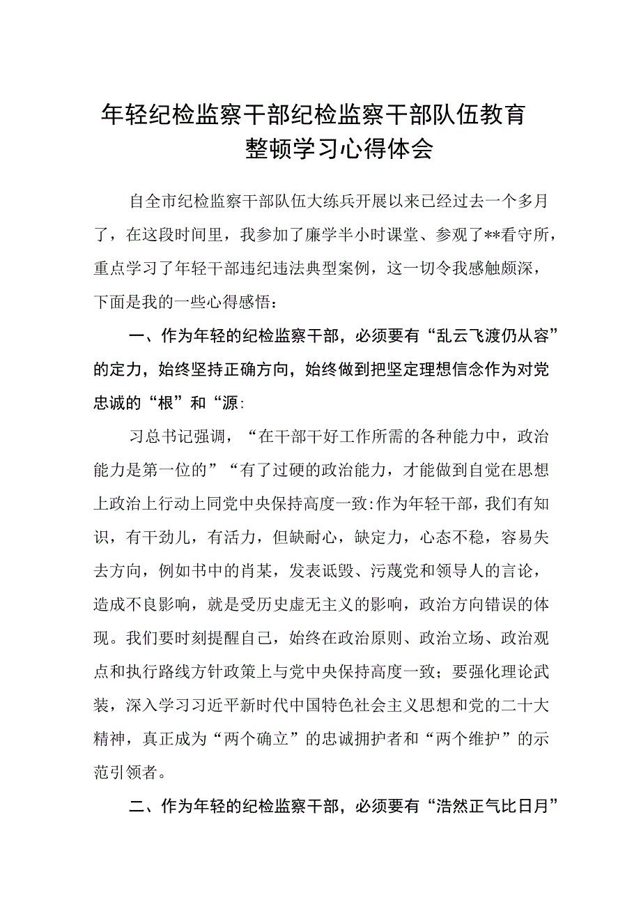 年轻纪检监察干部纪检监察干部队伍教育整顿学习心得体会八篇精选供参考.docx_第1页