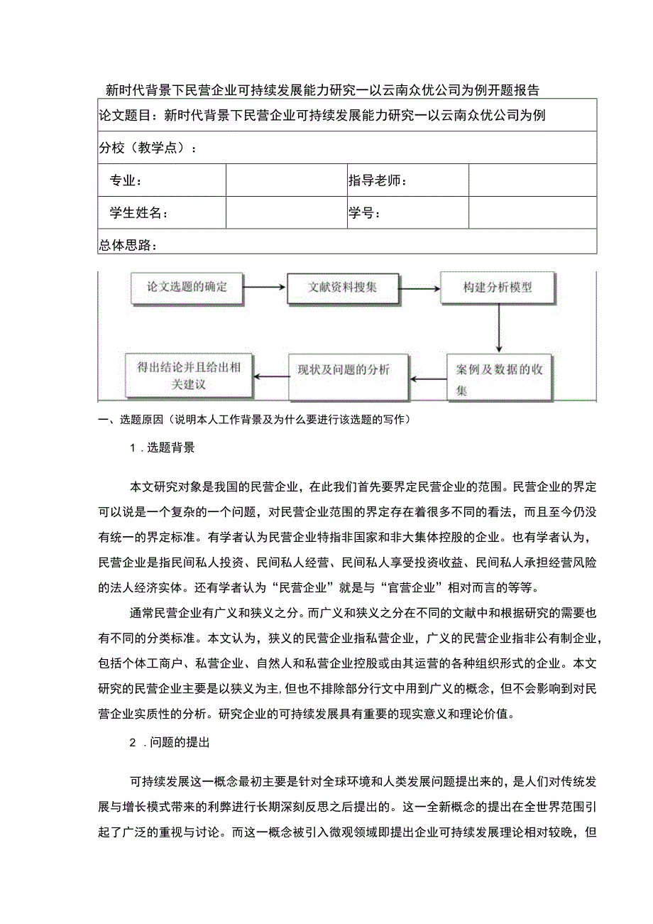 新时代背景下民营企业可持续发展案例分析—以云南众优公司为例开题报告含提纲2800字.docx_第1页