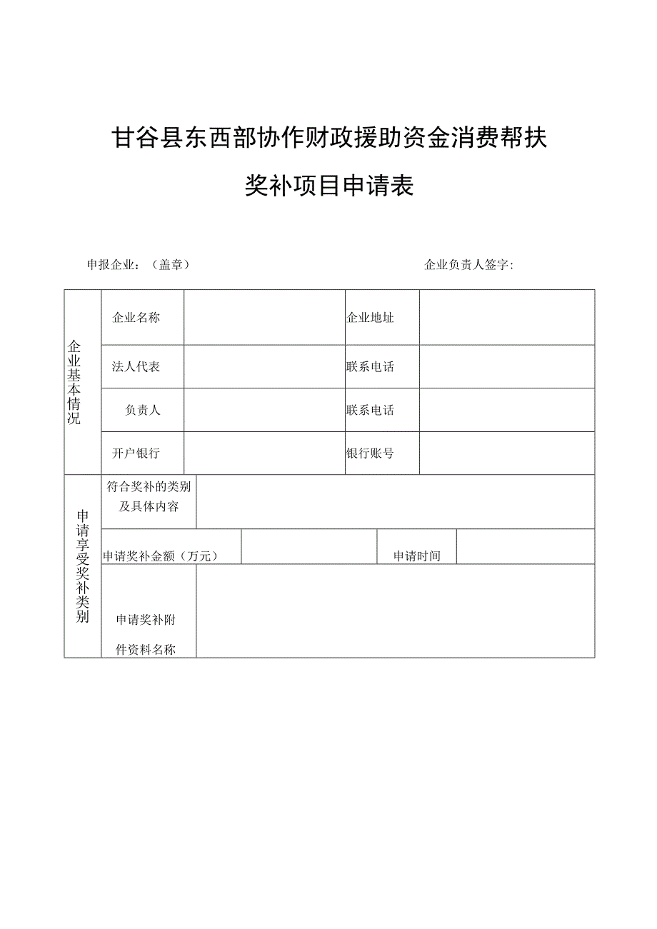 甘谷县东西部协作财政援助资金消费帮扶奖补项目申请表.docx_第1页