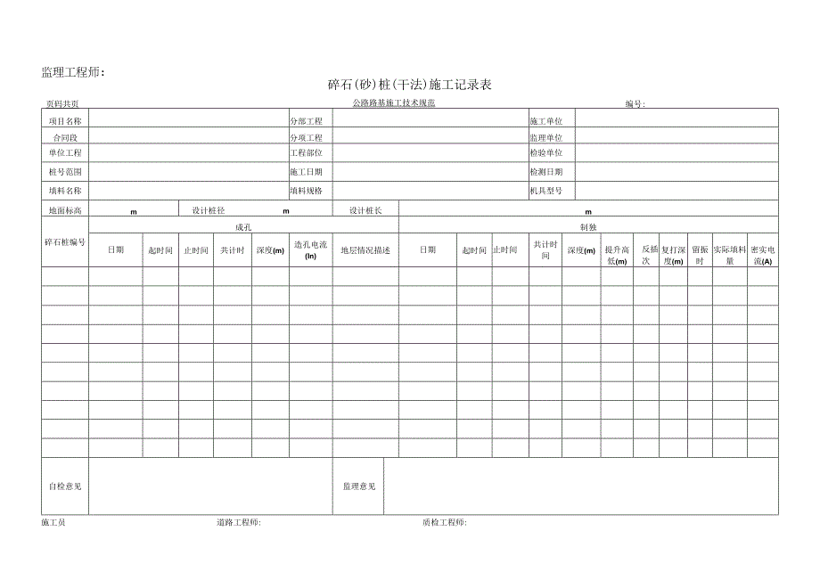 碎石砂桩干法施工记录表.docx_第1页