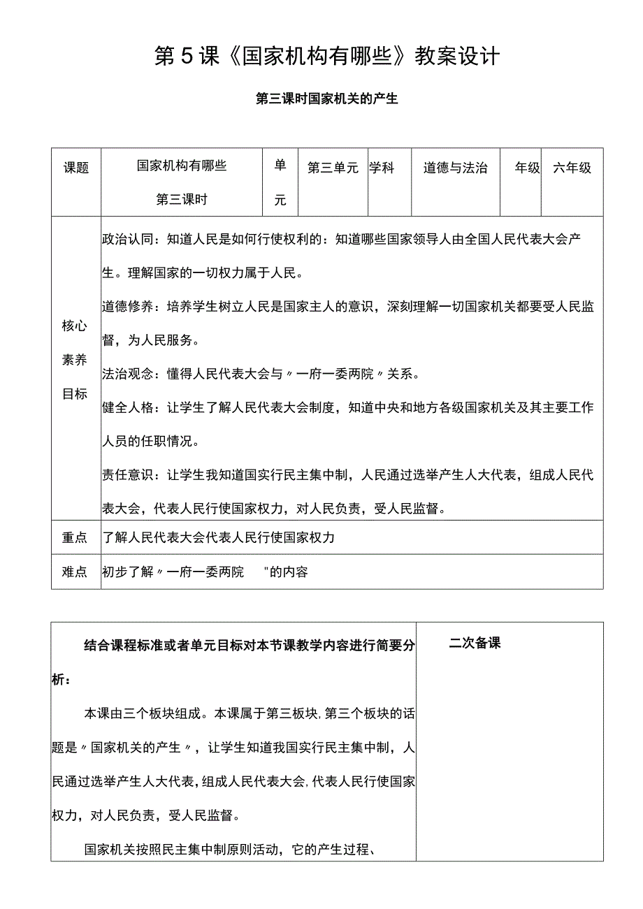 核心素养目标53 国家机构有哪些 第3课时 国家机关的产生 教案设计.docx_第1页