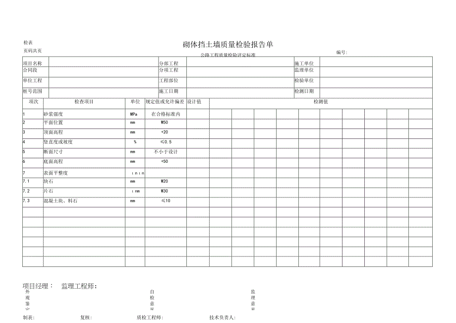 砌体挡土墙质量检验报告单.docx_第1页