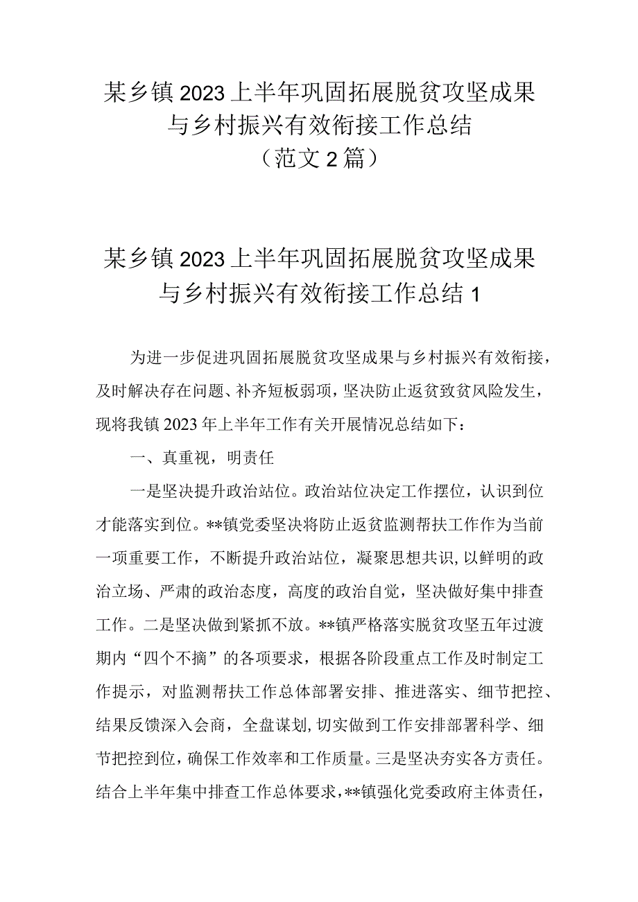 某乡镇2023上半年巩固拓展脱贫攻坚成果与乡村振兴有效衔接工作总结2篇.docx_第1页