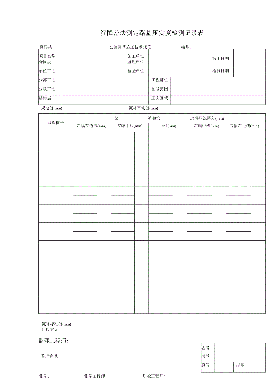 沉降差法测定路基压实度检测记录表.docx_第1页