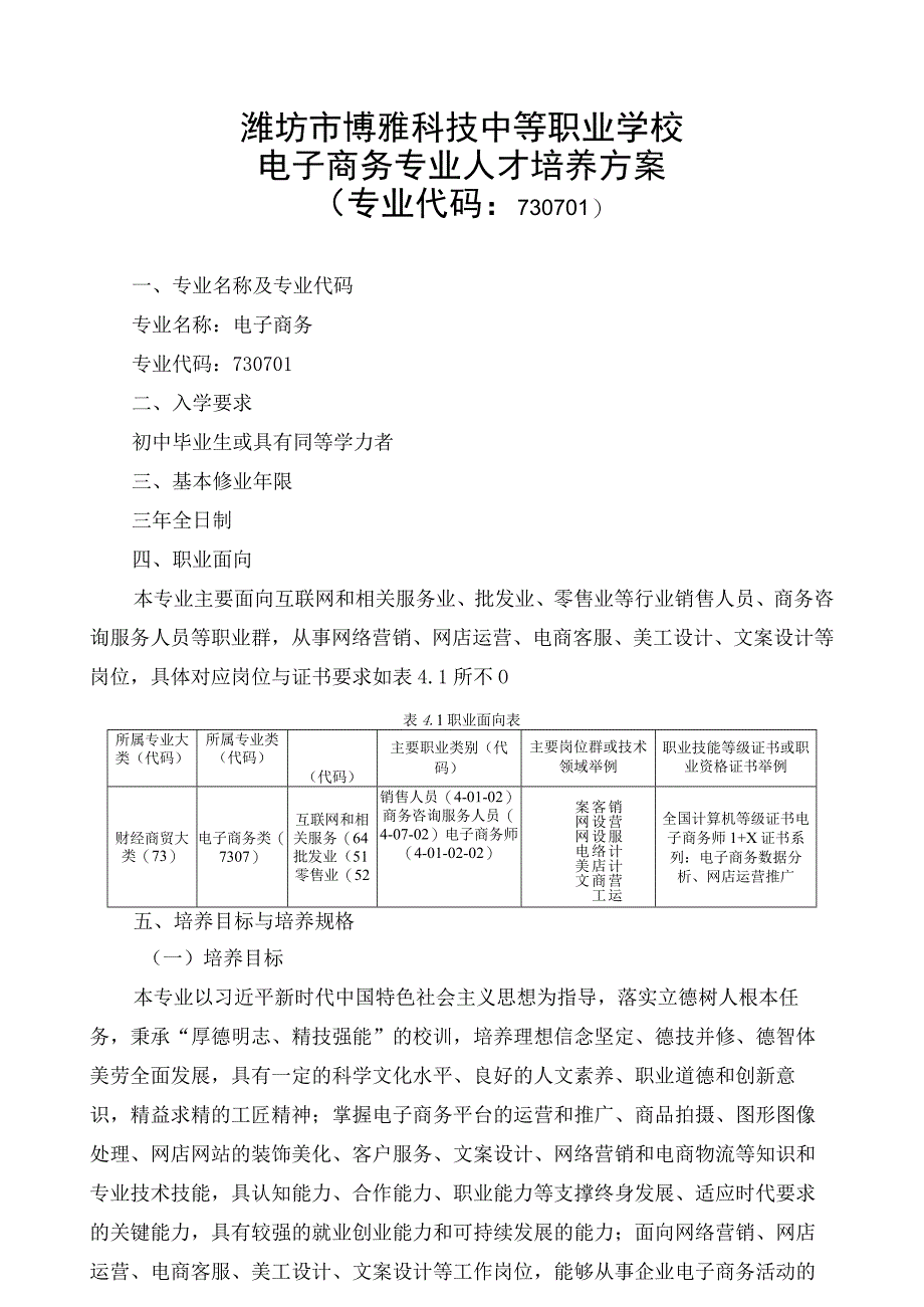 潍坊市博雅科技中等职业学校电子商务专业人才培养方案.docx_第1页