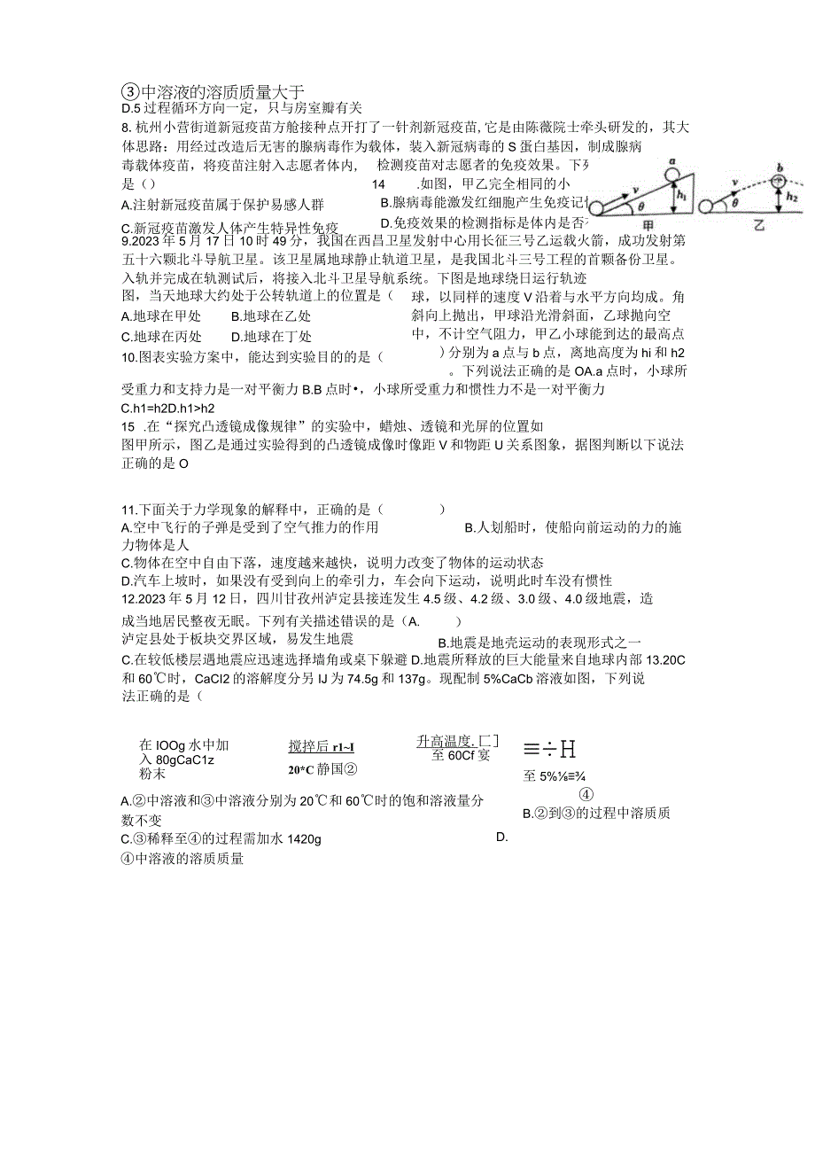 浙江省杭州市之江实验中学2023年九年级二模质量检测科学试题卷.docx_第2页