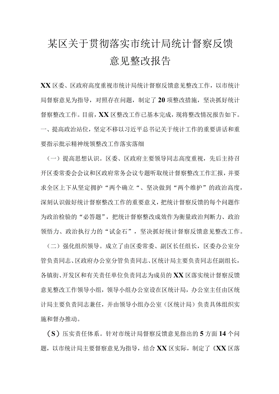 某区关于贯彻落实市统计局统计督察反馈意见整改报告.docx_第1页