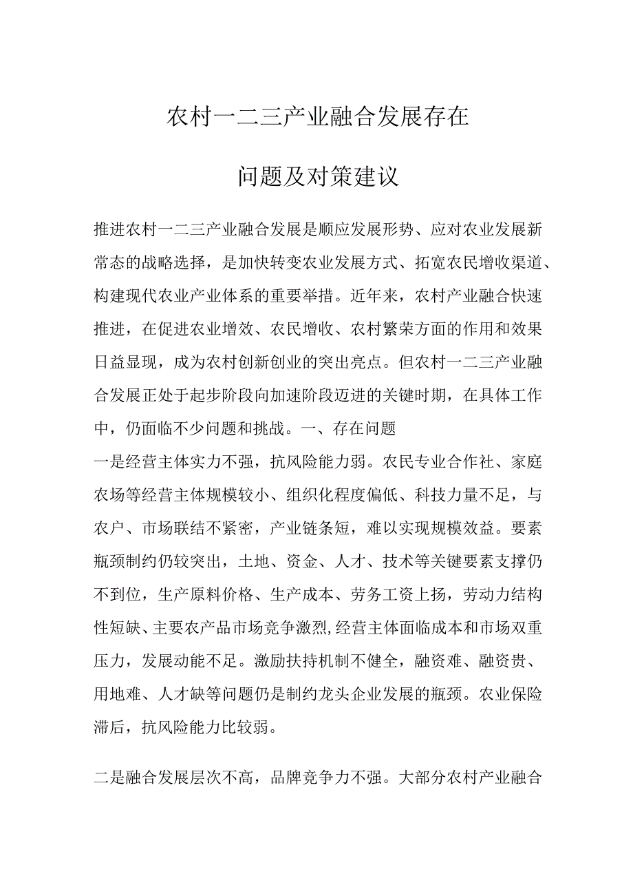 最新文档农村一二三产业融合发展存在问题及对策建议.docx_第1页