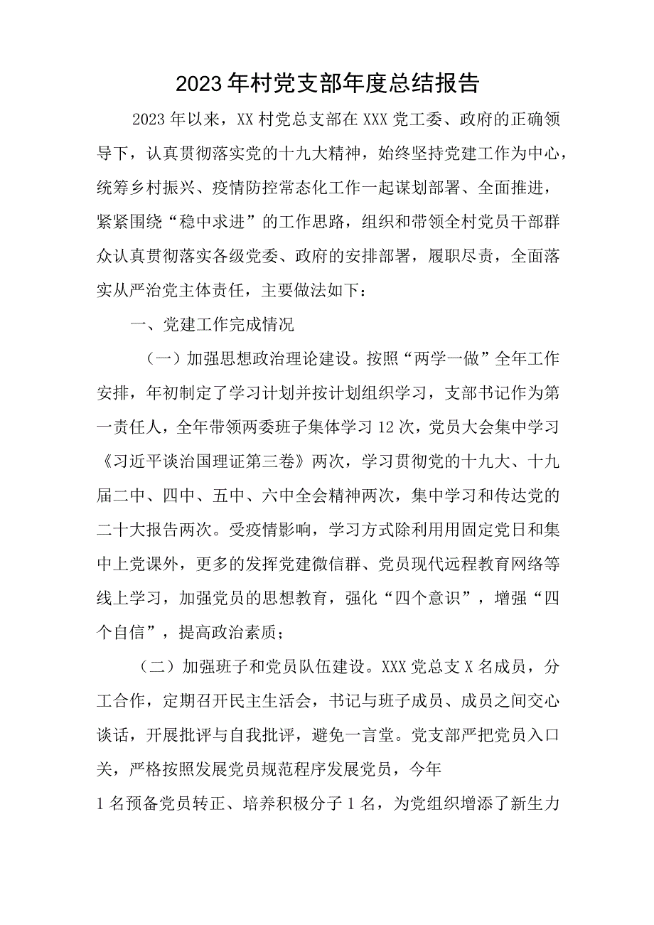 2023年村党支部年度总结报告与2023年党支部第一议题制度通用6篇.docx_第1页