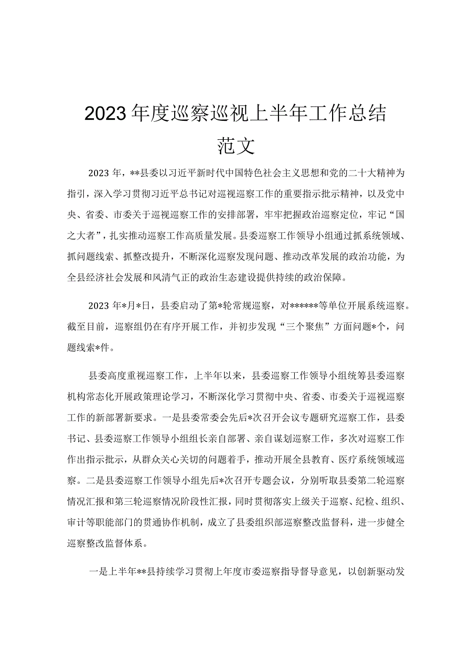 2023年度巡察巡视上半年工作总结范文.docx_第1页