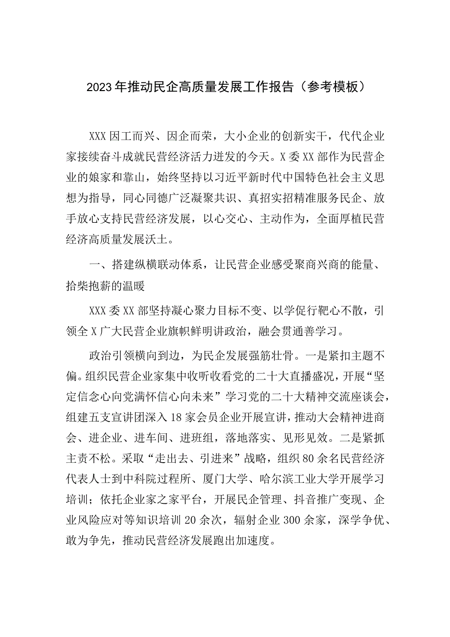 2023年推动民企高质量发展工作报告参考模板.docx_第1页