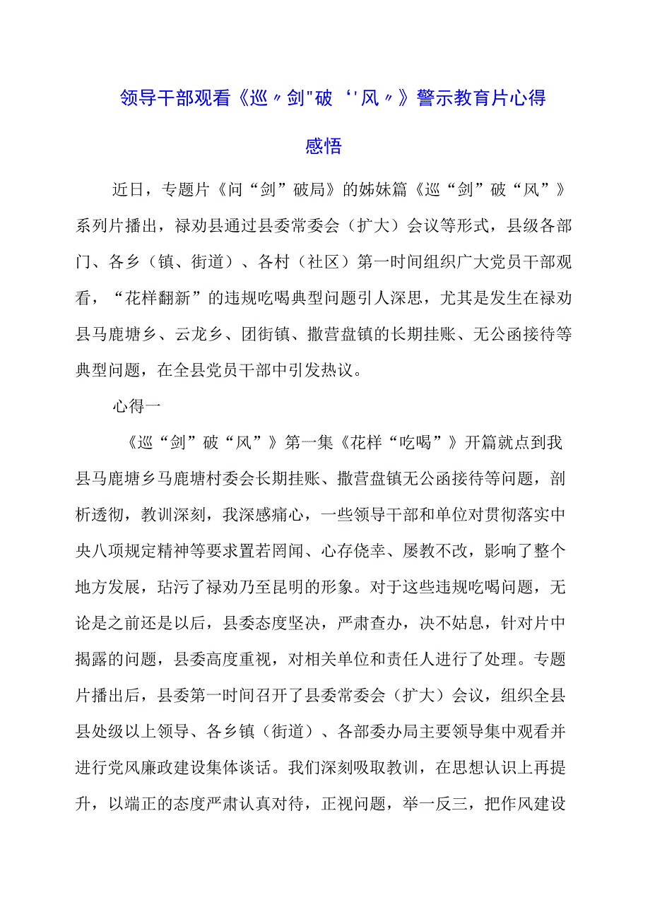 2023年领导干部观看《巡剑破风》警示教育片心得感悟.docx_第1页