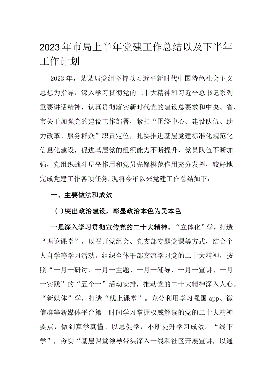 2023年市局上半年党建工作总结以及下半年工作计划.docx_第1页