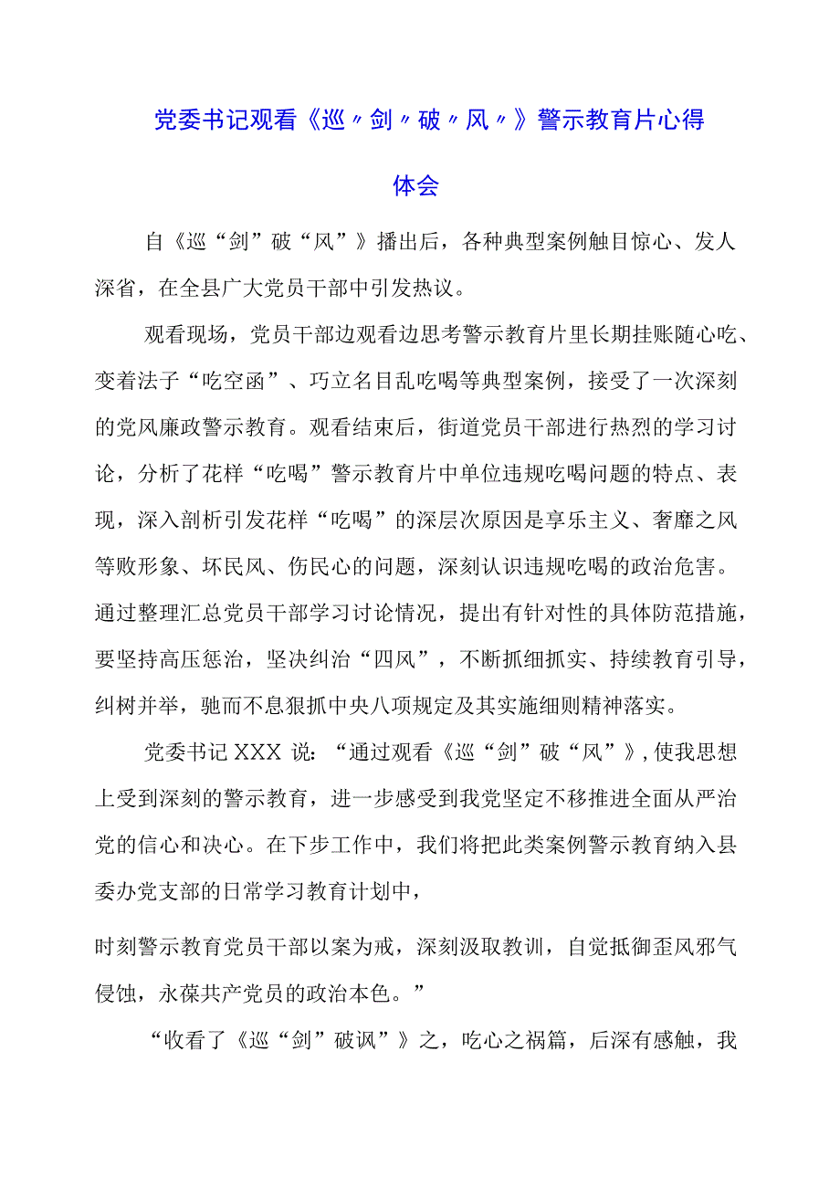 2023年党委书记观看《巡剑破风》警示教育片心得体会.docx_第1页