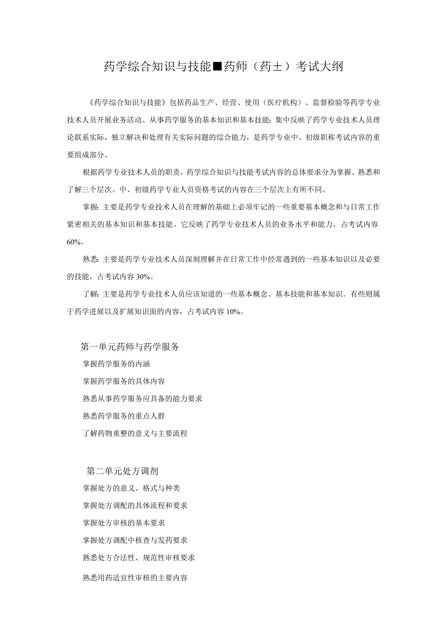 2023版安徽省药学专业中初级资格考试大纲 药学部分 药学综合知识与技能大纲药师药士.docx_第1页