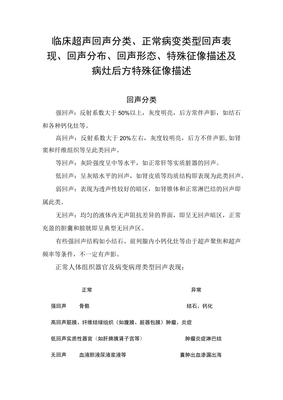 临床超声回声分类正常病变类型回声表现回声分布回声形态特殊征像描述及病灶后方特殊征像描述.docx_第1页