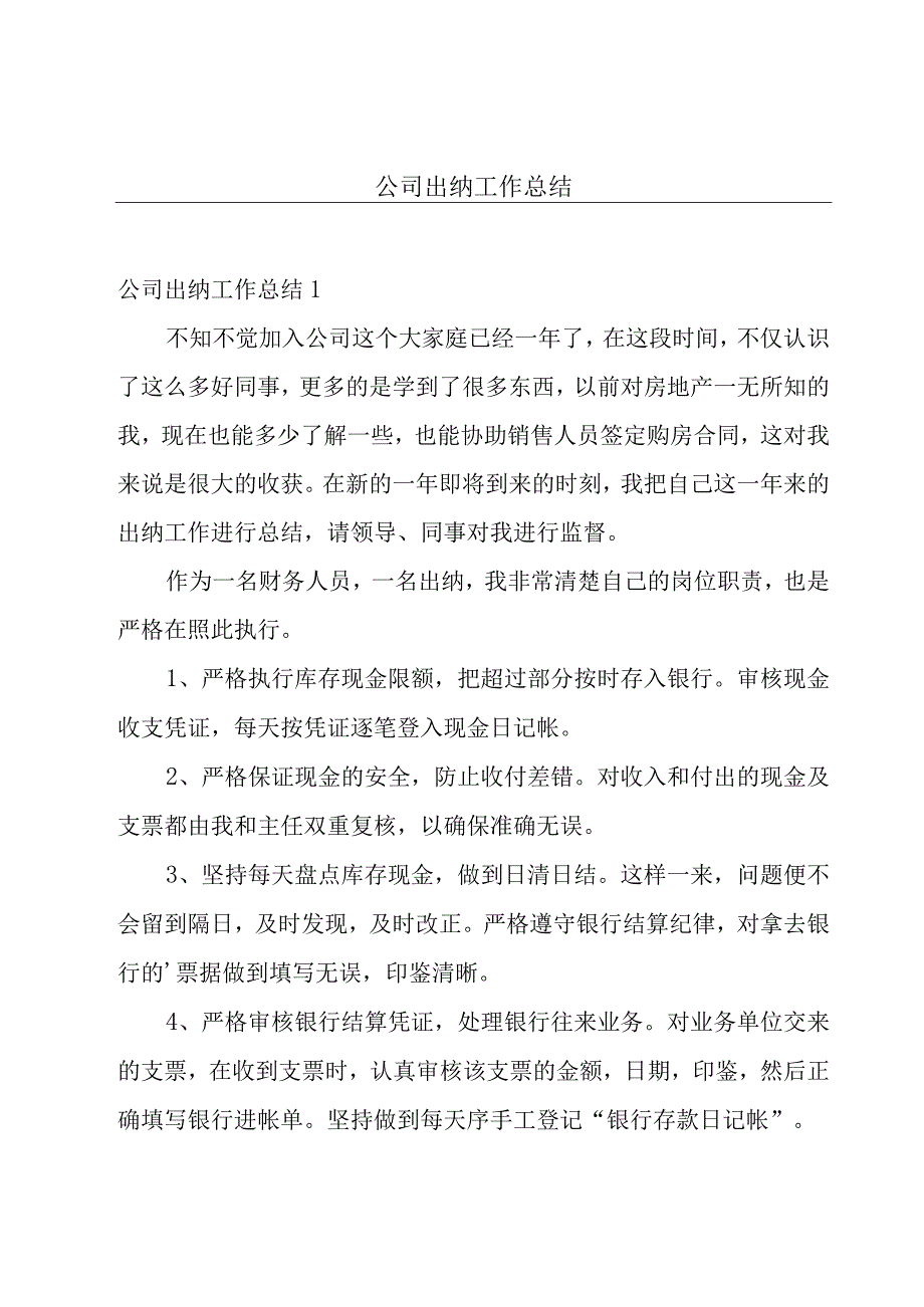 公司出纳工作总结.docx_第1页