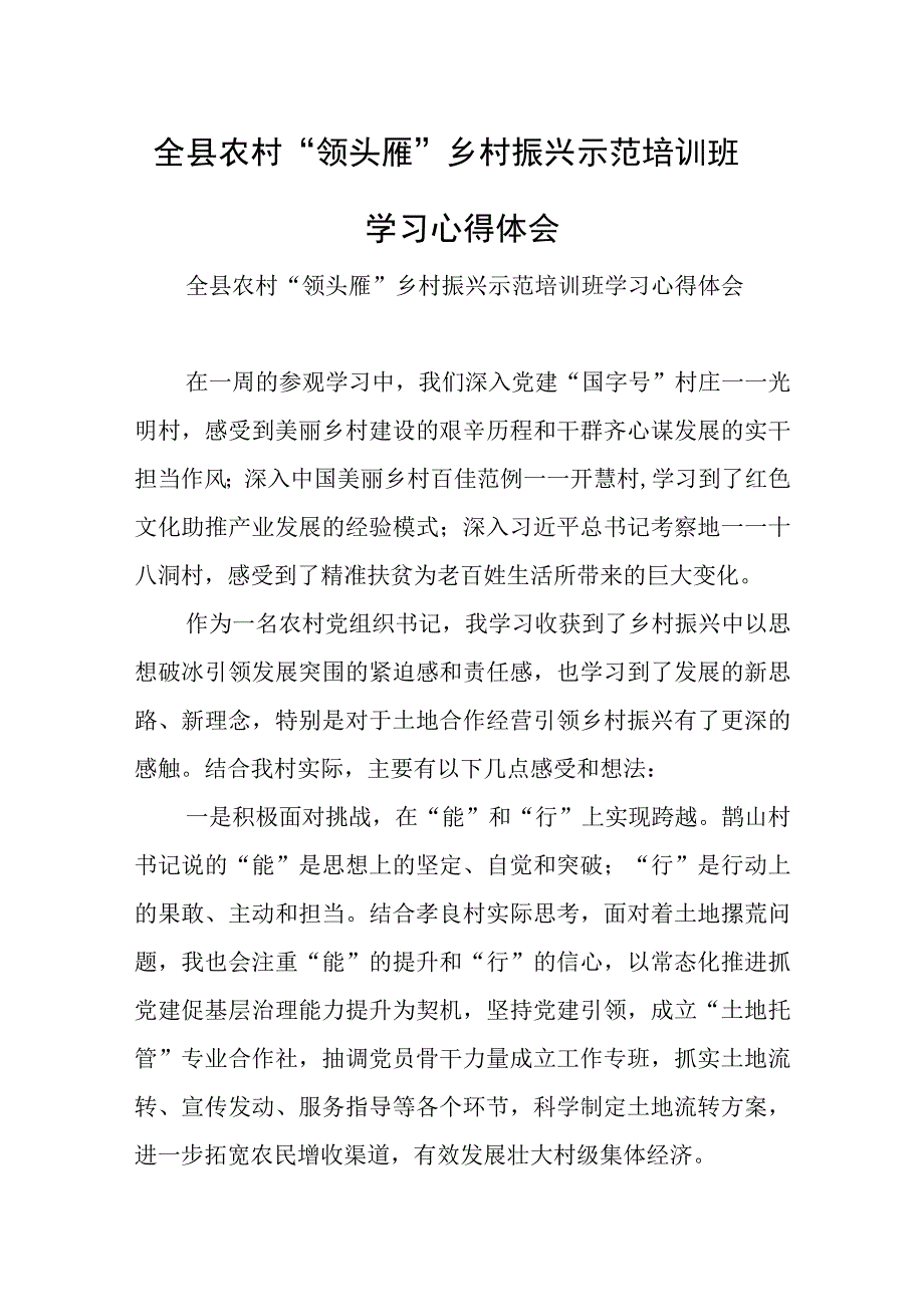 全县农村领头雁乡村振兴示范培训班学习心得体会.docx_第1页