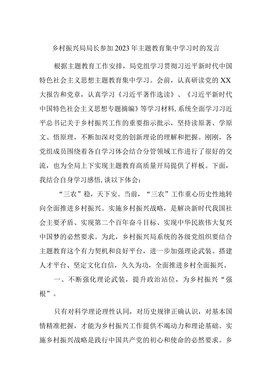 乡村振兴局局长参加2023年主题教育集中学习时的发言优选范文.docx_第1页