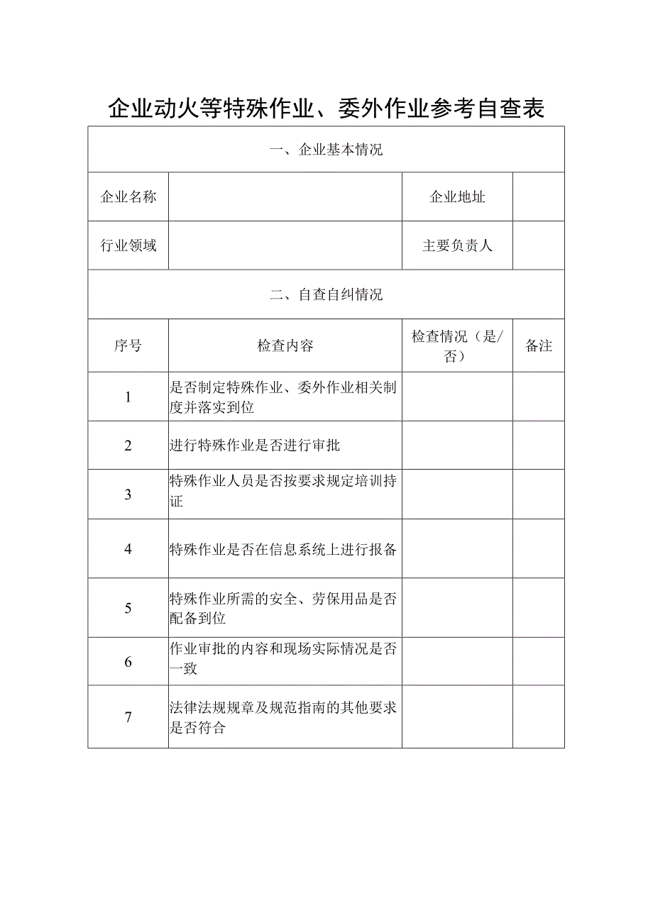 企业项目经理部安全生产—企业动火等特殊作业委外作业参考自查表.docx_第1页