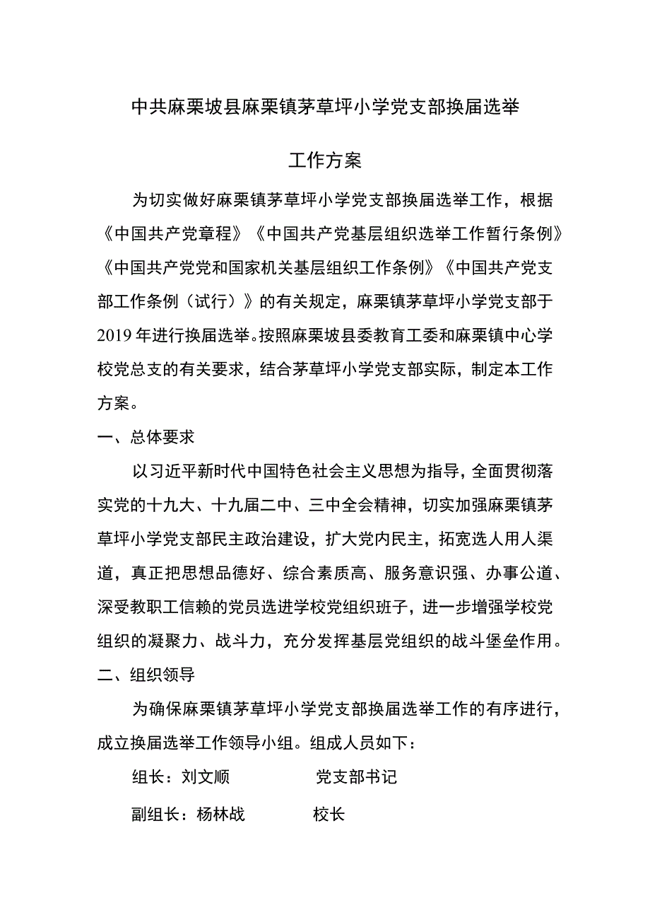 中共麻栗坡县麻栗镇茅草坪小学党支部换届选举工作方案.docx_第1页