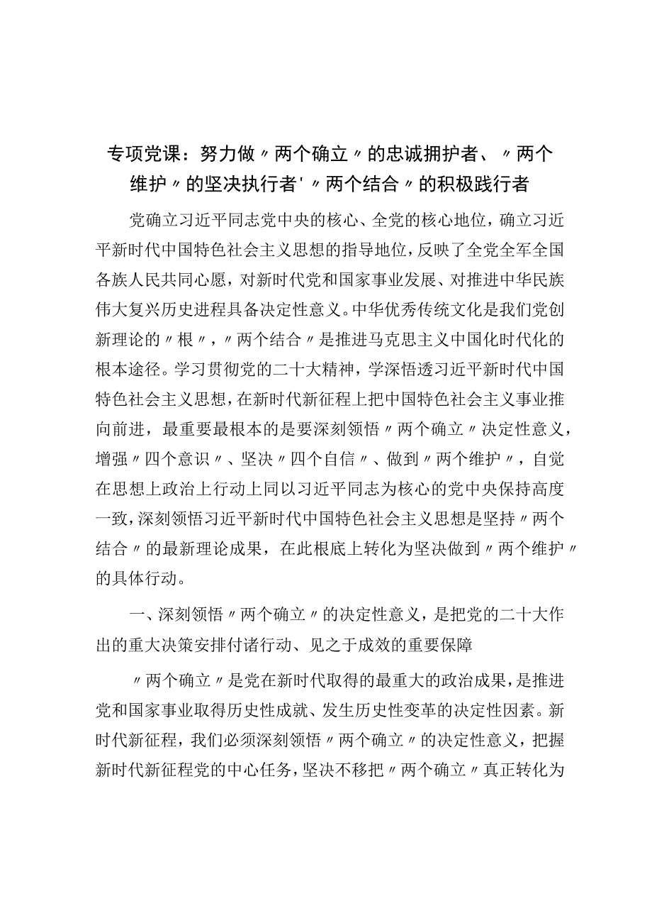 专题党课：努力做两个确立的忠诚拥护者两个维护的坚决执行者两个结合的积极践行者.docx_第1页