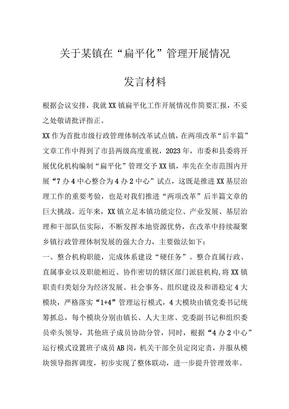 XX镇扁平化管理开展情况发言材料.docx_第1页