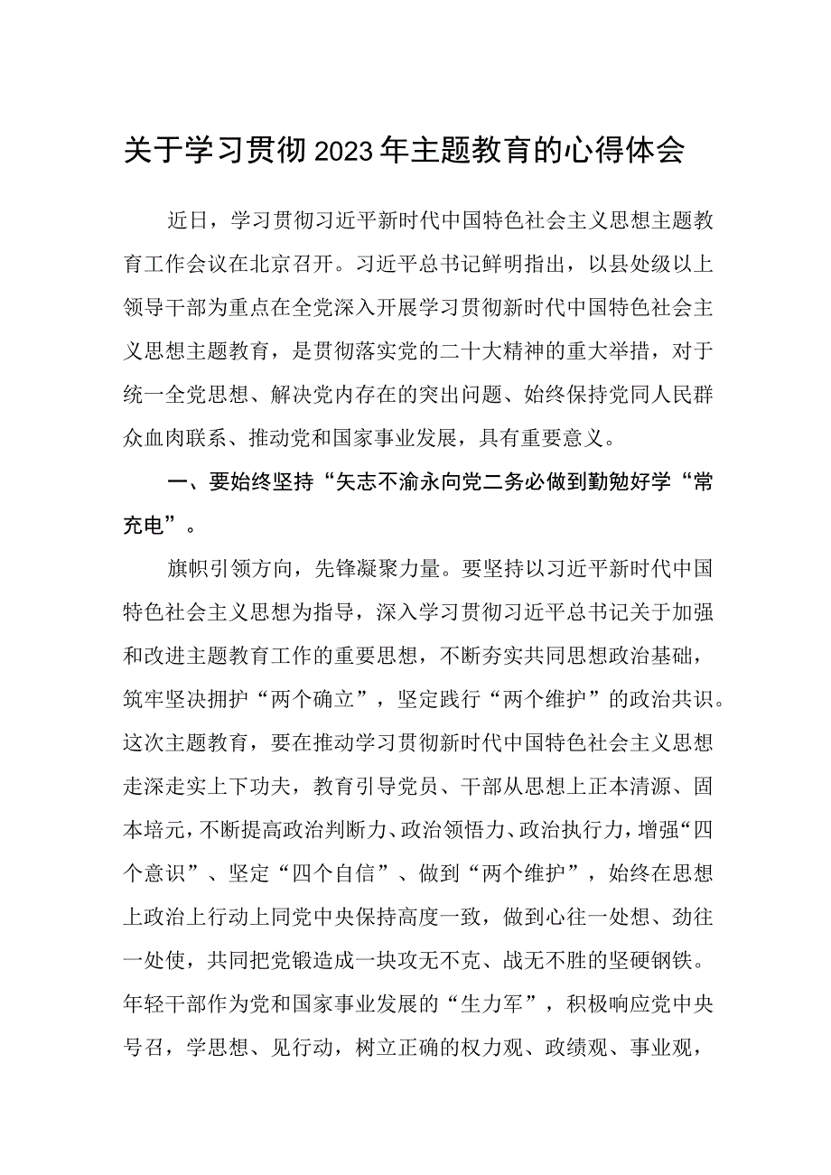 关于学习贯彻2023年主题教育的心得体会范文精选三篇.docx_第1页