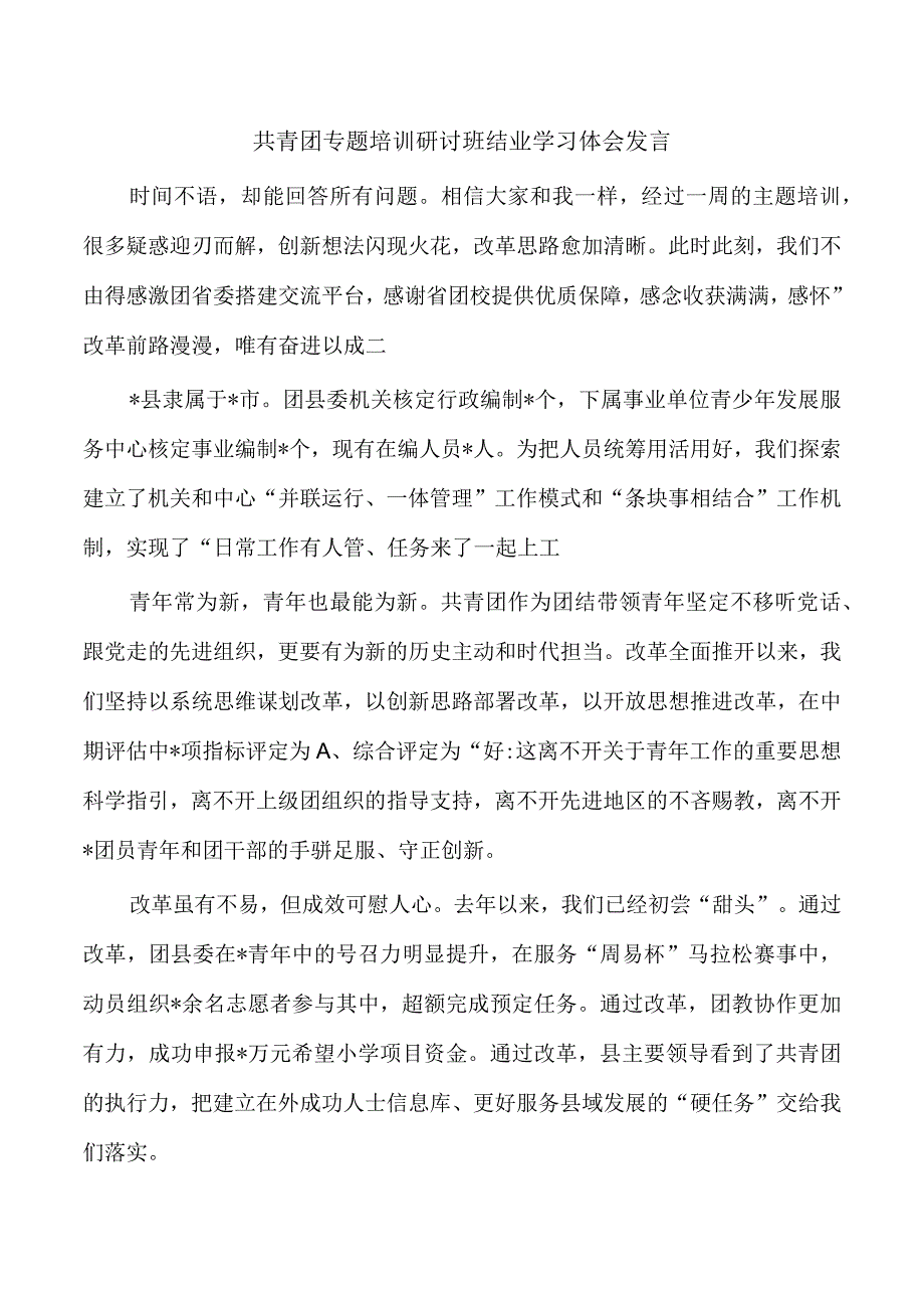 共青团专题培训研讨班结业学习体会发言.docx_第1页