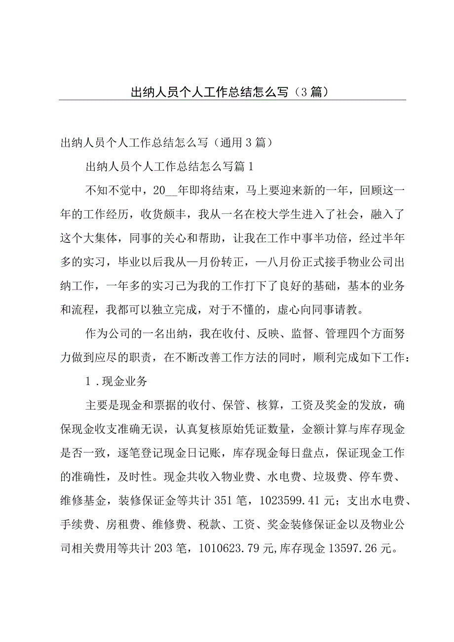 出纳人员个人工作总结怎么写3篇.docx_第1页