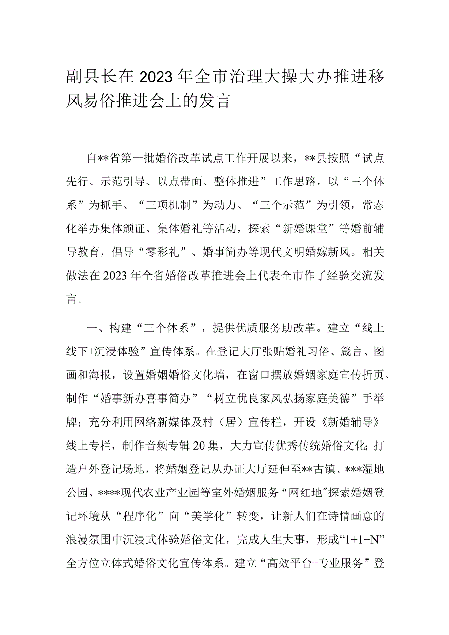 副县长在2023年全市治理大操大办推进移风易俗推进会上的发言.docx_第1页