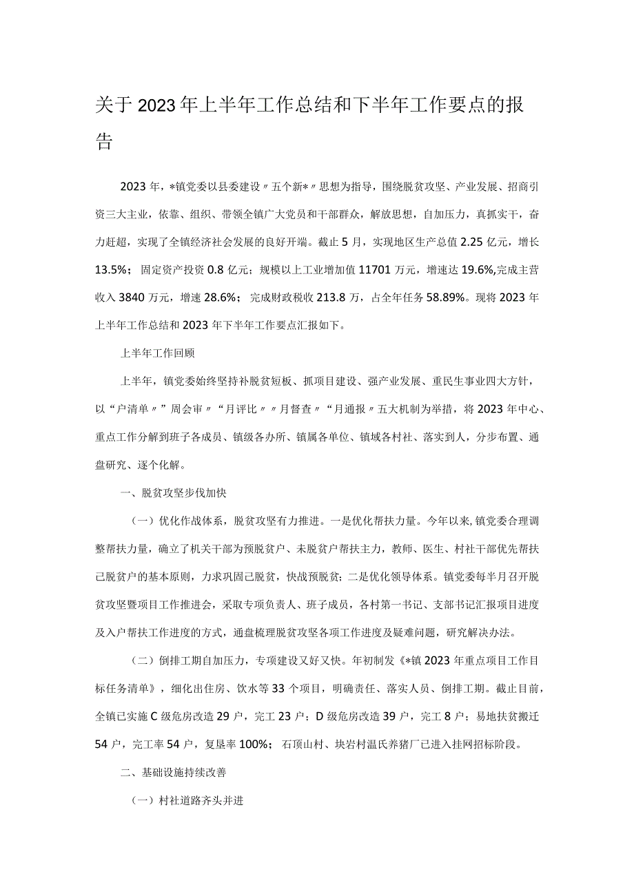 关于2023年上半年工作总结和下半年工作要点的报告.docx_第1页