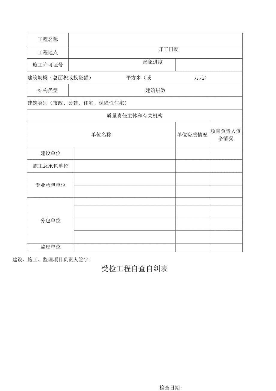 受检工程自查自纠表建设施工监理项目负责人签字检查日期.docx_第1页