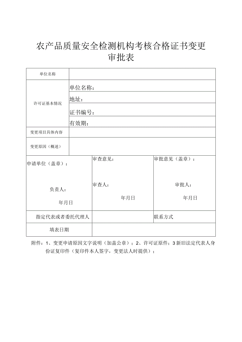 农产品质量安全检测机构考核合格证书变更审批表模板.docx_第1页