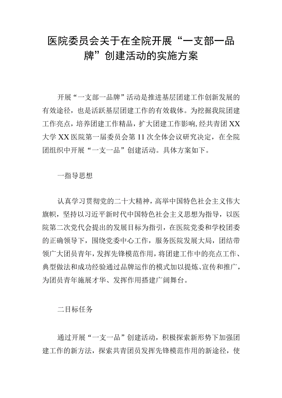 医院委员会关于在全院开展一支部一品牌创建活动的实施方案.docx_第1页