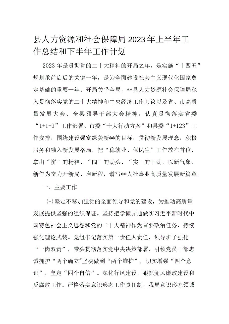 县人力资源和社会保障局2023年上半年工作总结和下半年工作计划.docx_第1页