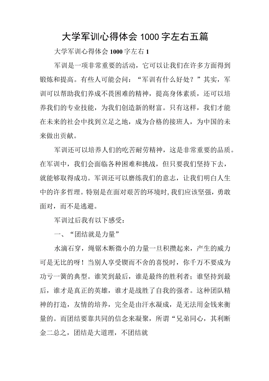 大学军训心得体会1000字左右五篇与办公室集体二等功的主要事迹材料.docx_第1页