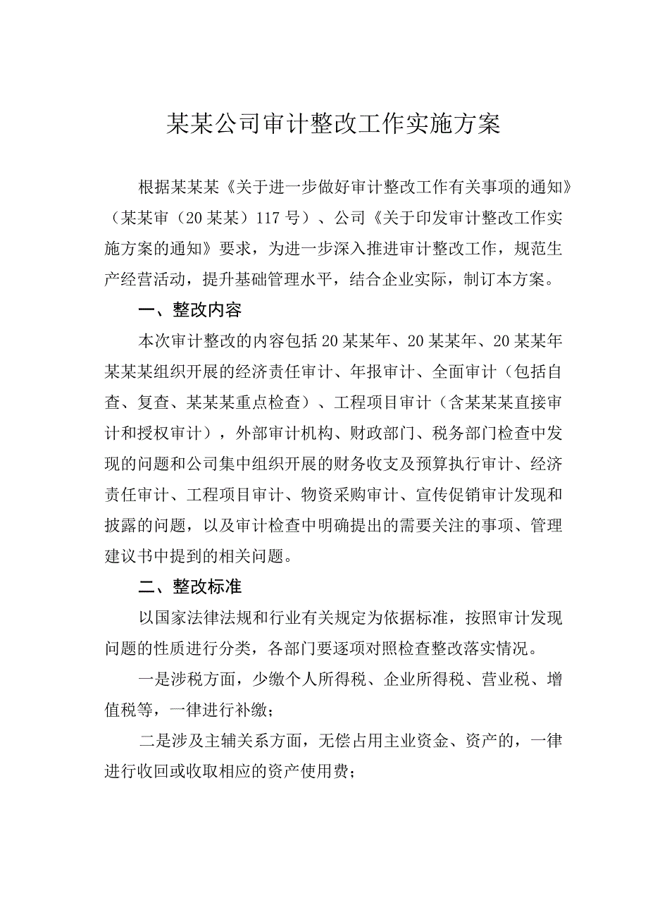 某某公司审计整改工作实施方案.docx_第1页