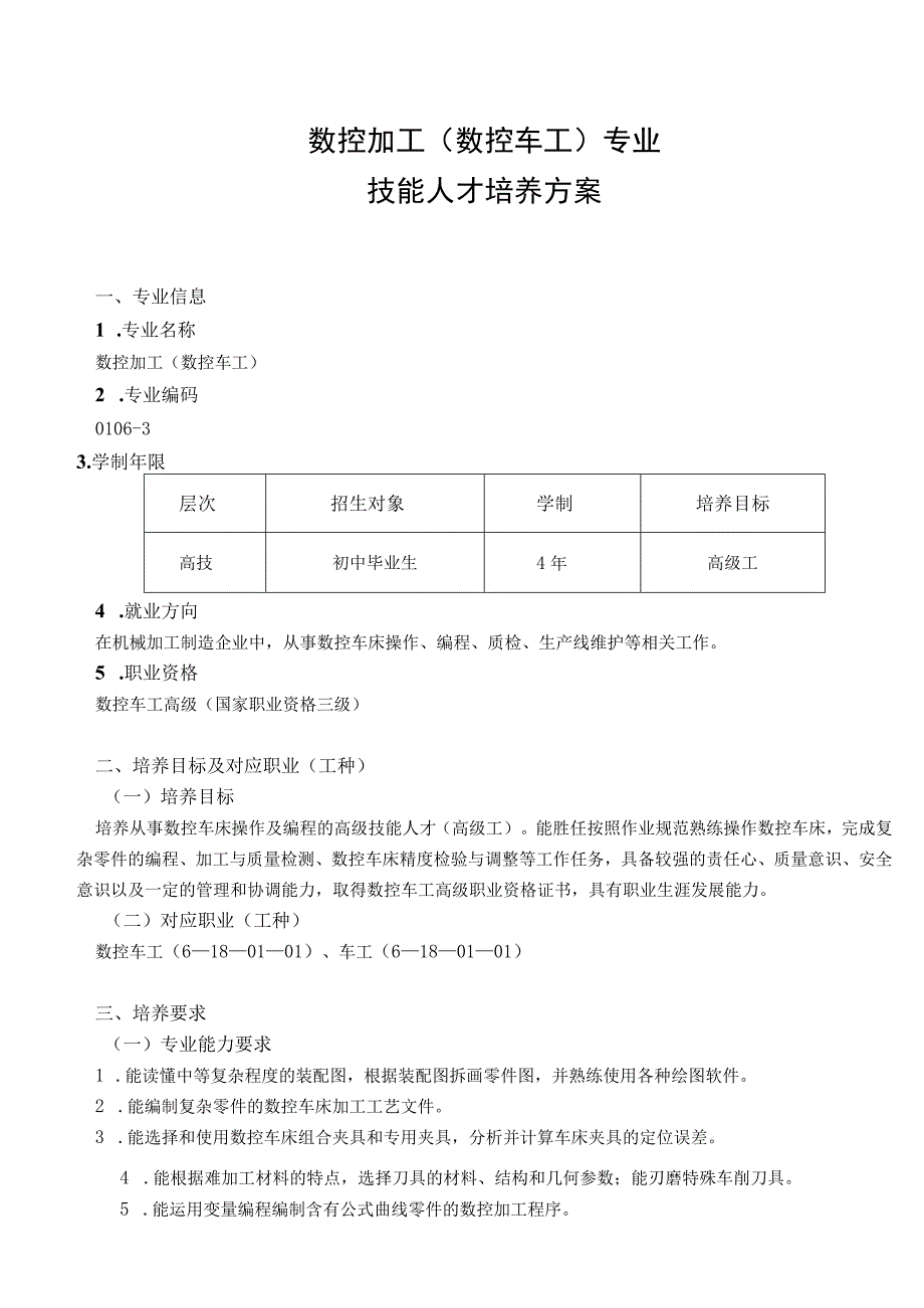 数控加工数控车工专业技能人才培养方案.docx_第1页