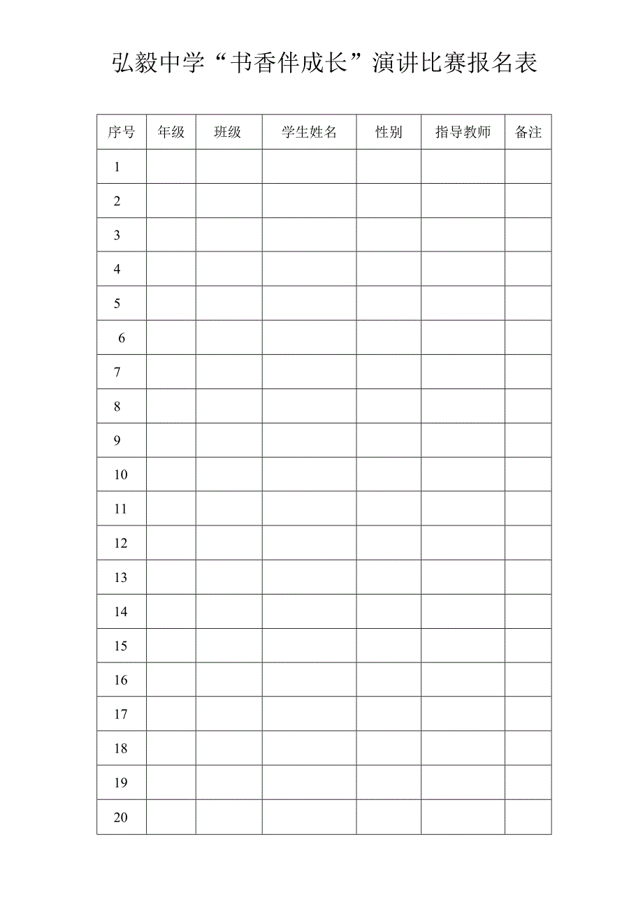 弘毅中学书香伴成长演讲比赛报名表.docx_第1页