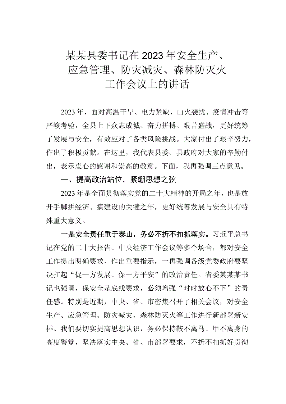 某某县委书记在2023年安全生产应急管理防灾减灾森林防灭火工作会议上的讲话.docx_第1页