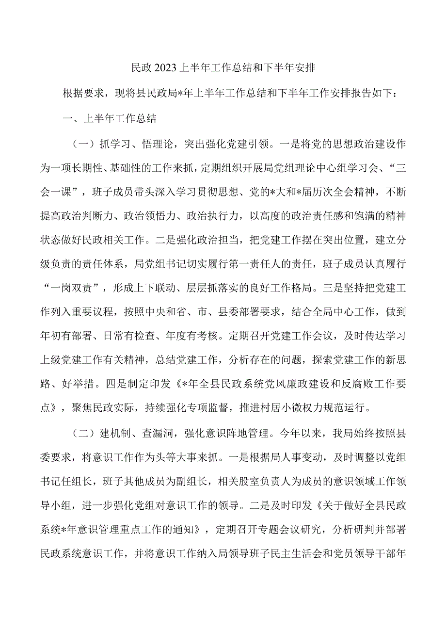 民政2023上半年工作总结和下半年安排.docx_第1页