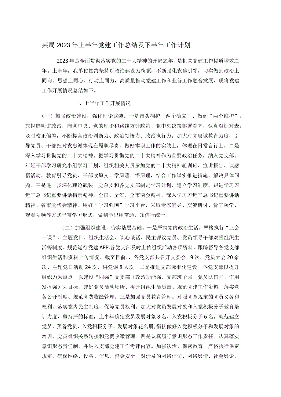 某局2023年上半年党建工作总结及下半年工作计划.docx_第1页