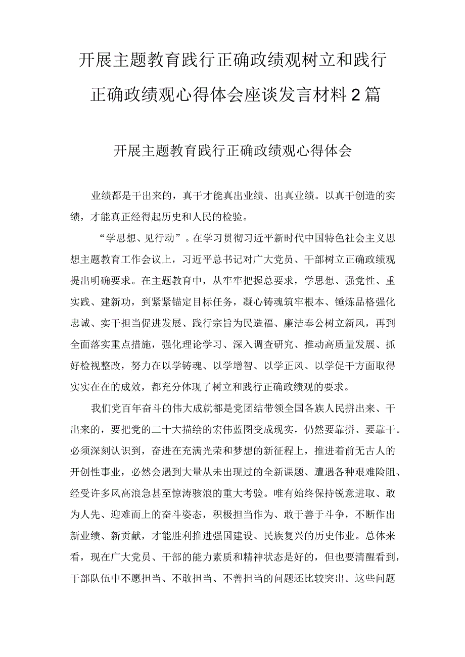 开展主题教育践行正确政绩观树立和践行正确政绩观心得体会座谈发言材料两篇.docx_第1页